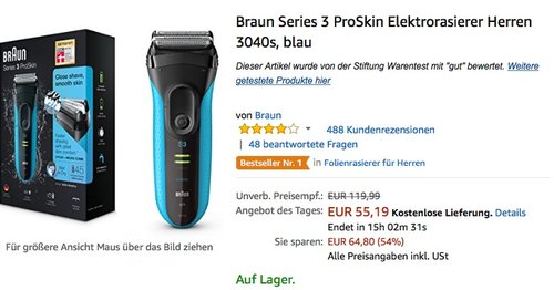 Braun Series 3 ProSkin Elektrorasierer Herren 3040s - jetzt 21% billiger