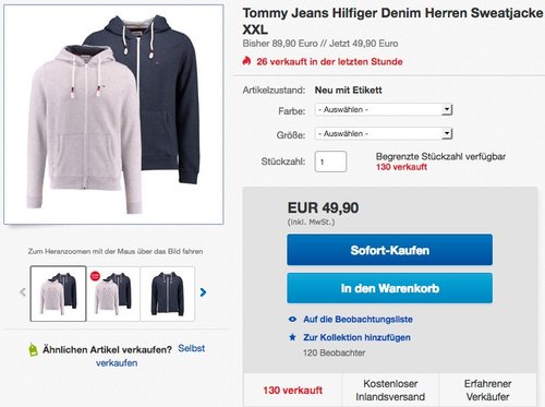 Hilfiger Denim Herren Kapuzenpullover  Zipthru - jetzt 31% billiger