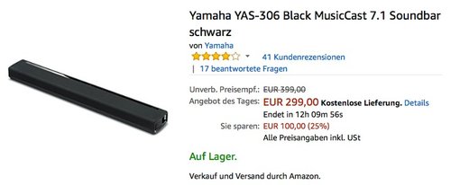 Yamaha YAS-306 Black MusicCast 7.1 Soundbar - jetzt 9% billiger