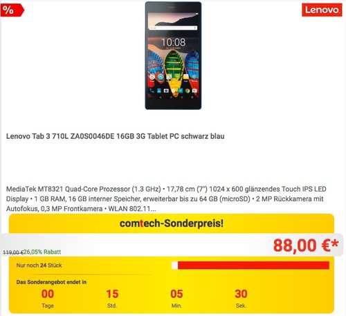 Lenovo Tab 3 710L ZA0S0046DE 16GB 3G Tablet PC - jetzt 11% billiger