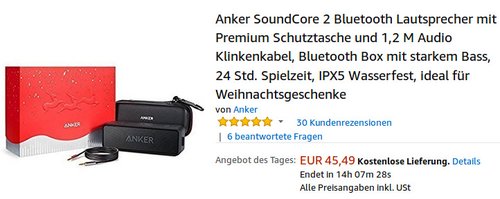 Anker SoundCore 2  Bluetooth Lautsprecher mit Premium Schutztasche - jetzt 21% billiger Anker SoundCore 2  Bluetooth Lautsprecher mit Premium Schutztasche - jetzt 21% billiger