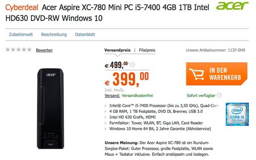 Acer Aspire XC-780 Mini PC i5-7400 - jetzt 20% billiger