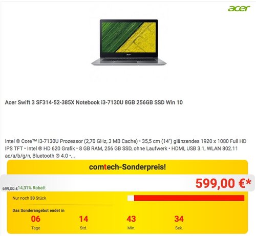 Acer Swift 3 Notebook SF314-52-385X 8GB RAM 256GB SSD Windows 10 - jetzt 13% billiger Acer Swift 3 Notebook SF314-52-385X 8GB RAM 256GB SSD Windows 10 - jetzt 13% billiger
