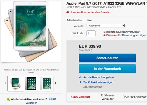 Apple iPad 9.7 (2017) 32GB - jetzt 6% billiger Apple iPad 9.7 (2017) 32GB - jetzt 6% billiger