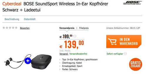 Bose SoundSport kabellose Kopfhörer Schwarz + Bose SoundSport Transportetui mit Ladefunktion  - jetzt 21% billiger