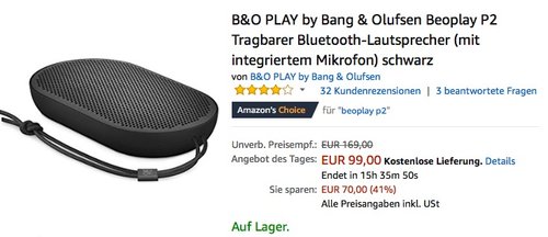 B&O PLAY by Bang & Olufsen Beoplay P2 Tragbarer Bluetooth-Lautsprecher - jetzt 19% billiger