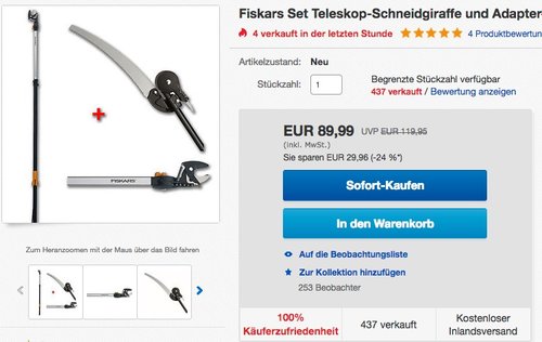 Fiskars Teleskop-Schneidgiraffe mit Adapter-Baumsäge - jetzt 30% billiger