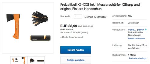 Freizeitbeil X5-XXS inkl. Messerschärfer XSharp und original Fiskars Handschuh - jetzt 15% billiger Freizeitbeil X5-XXS inkl. Messerschärfer XSharp und original Fiskars Handschuh - jetzt 15% billiger