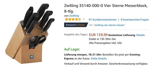 Zwilling Vier Sterne Messerblock, 8-tlg. - jetzt 7% billiger Zwilling Vier Sterne Messerblock, 8-tlg. - jetzt 7% billiger