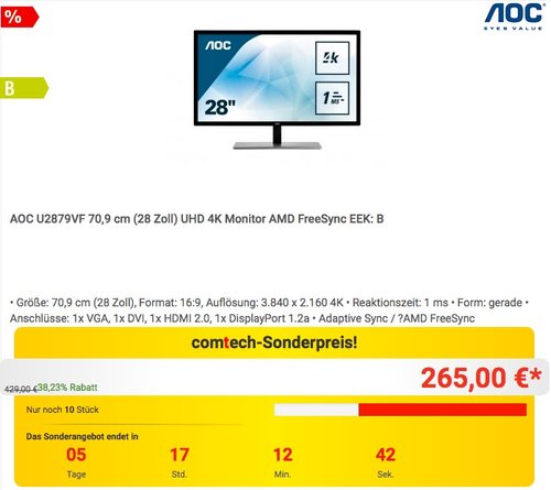 AOC U2879VF 28 Zoll 4K Monitor - jetzt 7% billiger