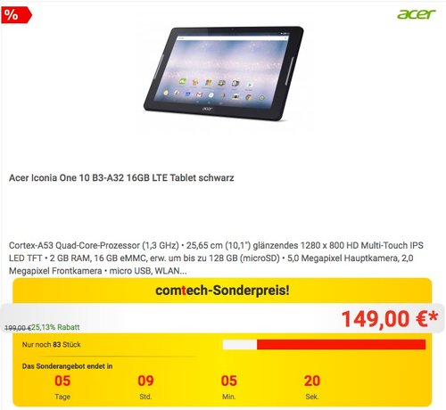 Acer Iconia One 10 B3-A32 16GB LTE Tablet - jetzt 10% billiger