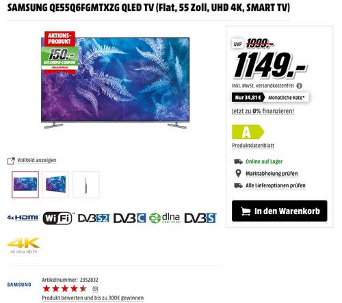 Samsung QE55Q6F 55 Zoll QLED-Fernseher - jetzt 26% billiger