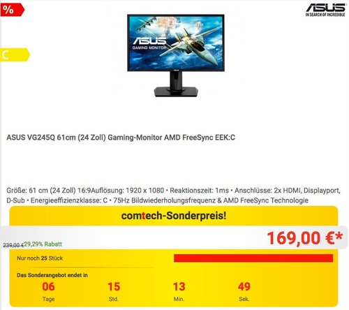 ASUS VG245Q 61cm (24 Zoll) Gaming-Monitor AMD FreeSync  - jetzt 11% billiger
