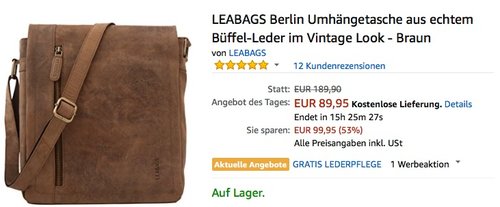 LEABAGS Berlin Umhängetasche aus echtem Büffel-Leder - jetzt 25% billiger