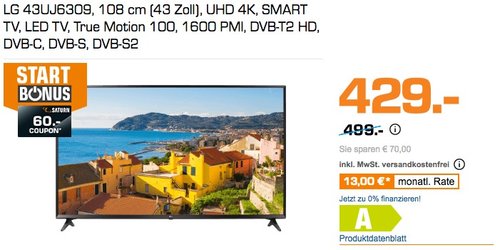 LG 43UJ6309 108 cm (43 Zoll) Smart TV - jetzt 14% billiger LG 43UJ6309 108 cm (43 Zoll) Smart TV - jetzt 14% billiger