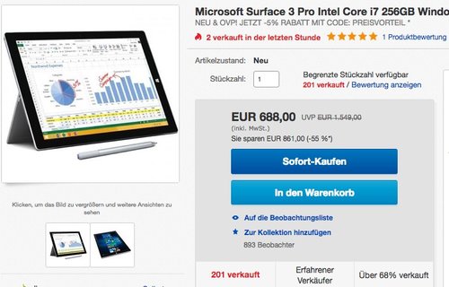 Microsoft Surface 3 Pro Intel Core i7 256GB - jetzt 18% billiger