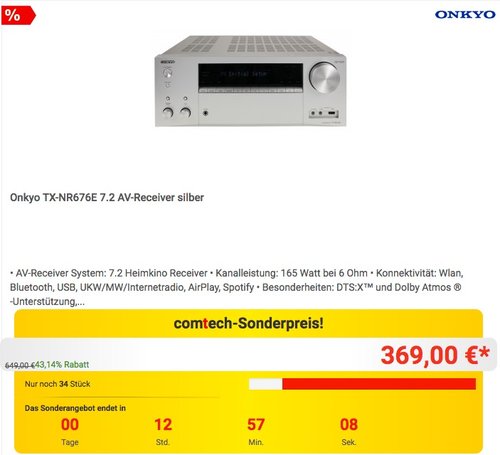 Onkyo TX-NR676E 7.2 AV-Receiver - jetzt 10% billiger