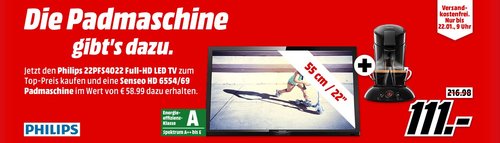 PHILIPS 22PFS4022 LED TV (Flat, 22 Zoll, Full-HD) plus PHILIPS SENSEO HD6554/69 Volks-Senseo Padmaschine - jetzt 31% billiger