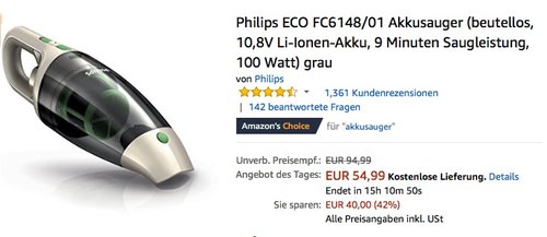 Philips ECO FC6148/01 Akkusauger - jetzt 20% billiger Philips ECO FC6148/01 Akkusauger - jetzt 20% billiger