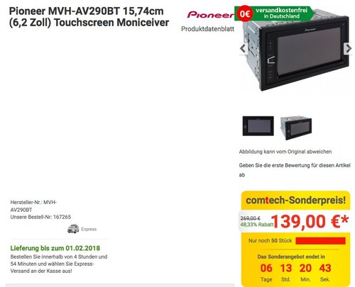 Pioneer MVH- AV290BT 6,2 Zoll Autoradio - jetzt 7% billiger Pioneer MVH- AV290BT 6,2 Zoll Autoradio - jetzt 7% billiger