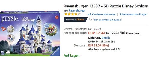 Ravensburger 12587 - 3D Puzzle Disney Schloss - jetzt 16% billiger Ravensburger 12587 - 3D Puzzle Disney Schloss - jetzt 16% billiger