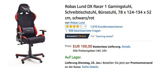 Robas Lund DX Racer 1 Gamingstuhl - jetzt 28% billiger