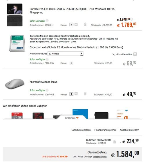 Set aus Microsoft Surface Pro (12,3 Zoll) (Intel Core i7 der 7. Gen., 8 GB RAM, 256 GB SSD) - jetzt 8% billiger Set aus Microsoft Surface Pro (12,3 Zoll) (Intel Core i7 der 7. Gen., 8 GB RAM, 256 GB SSD) - jetzt 8% billiger