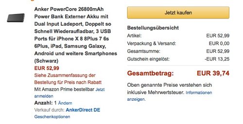 Anker PowerCore 26800mAh Power Bank - jetzt 25% billiger Anker PowerCore 26800mAh Power Bank - jetzt 25% billiger