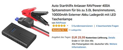 Auto Starthilfe Anlasser RAVPower 400A Spitzenstrom - jetzt 39% billiger Auto Starthilfe Anlasser RAVPower 400A Spitzenstrom - jetzt 39% billiger