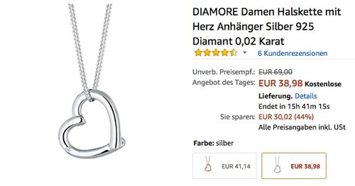 DIAMORE Damen Halskette mit Herz Anhänger Silber 925 Diamant 0,02 Karat - jetzt 20% billiger