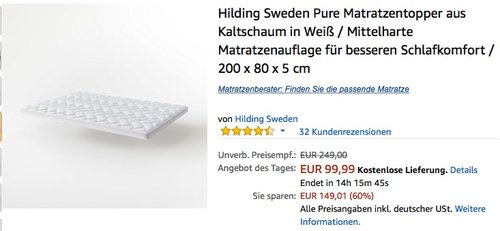 Hilding Sweden Pure Matratzentopper aus Kaltschaum 200 x 80 x 5 cm - jetzt 24% billiger