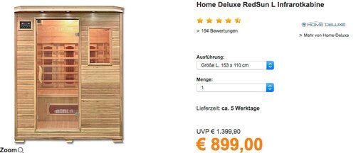 Home Deluxe RedSun L Infrarotkabine - jetzt 18% billiger Home Deluxe RedSun L Infrarotkabine - jetzt 18% billiger