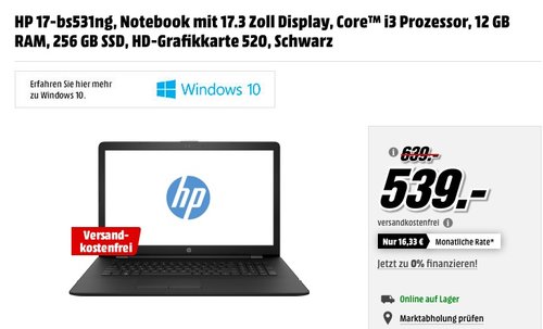 HP 17-bs531ng, Notebook mit 17.3 Zoll Display, Core i3 Prozessor, 12 GB RAM, 256 GB SSD, HD-Grafikkarte 520, Schwarz - jetzt 16% billiger HP 17-bs531ng, Notebook mit 17.3 Zoll Display, Core i3 Prozessor, 12 GB RAM, 256 GB SSD, HD-Grafikkarte 520, Schwarz - jetzt 16% billiger