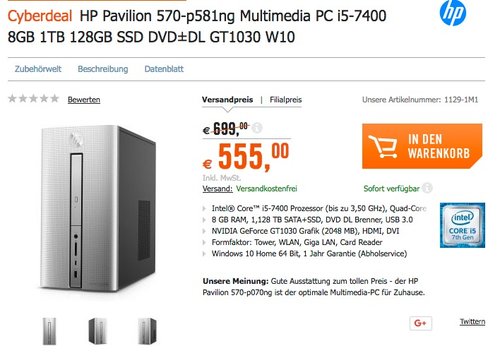 HP Pavilion 570-p581ng Multimedia PC i5-7400 8GB 1TB 128GB SSD DVD±DL GT1030 W10 - jetzt 21% billiger
