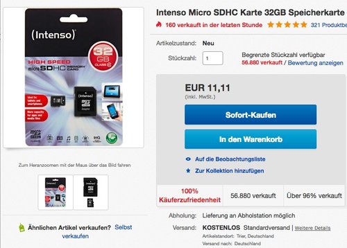 Intenso Micro SDHC Karte 32GB Speicherkarte Class 10 inkl. SDHC Adapter - jetzt 26% billiger Intenso Micro SDHC Karte 32GB Speicherkarte Class 10 inkl. SDHC Adapter - jetzt 26% billiger