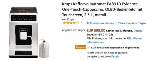 Krups Kaffeevollautomat EA891D Evidence - jetzt 17% billiger