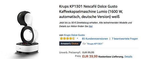 Krups KP1301 Nescafé Dolce Gusto Kaffeekapselmaschine Lumio - jetzt 20% billiger Krups KP1301 Nescafé Dolce Gusto Kaffeekapselmaschine Lumio - jetzt 20% billiger