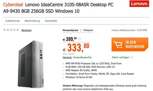 Lenovo IdeaCentre 310S-08ASR Desktop PC A9-9430 8GB 256GB SSD Windows 10 - jetzt 17% billiger