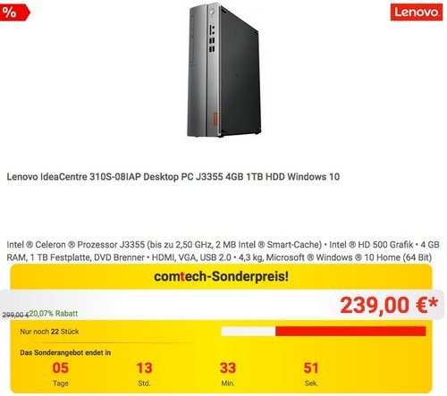 Lenovo IdeaCentre 310S Desktop-PC (Intel Celeron J3355, 4GB RAM, 1TB HDD, Intel HD Grafik 500, Windows 10 Home) - jetzt 14% billiger Lenovo IdeaCentre 310S Desktop-PC (Intel Celeron J3355, 4GB RAM, 1TB HDD, Intel HD Grafik 500, Windows 10 Home) - jetzt 14% billiger