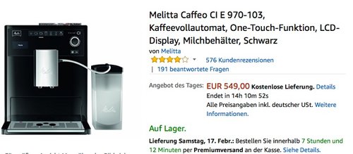 Melitta Caffeo CI E 970-103 Kaffeevollautomat - jetzt 5% billiger Melitta Caffeo CI E 970-103 Kaffeevollautomat - jetzt 5% billiger