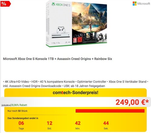 Microsoft Xbox One S Konsole 1TB + Assassin Creed Origins + Rainbow Six - jetzt 11% billiger Microsoft Xbox One S Konsole 1TB + Assassin Creed Origins + Rainbow Six - jetzt 11% billiger