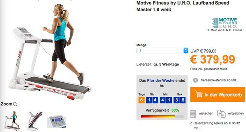 Motive Fitness by U.N.O. Laufband Speed Master 1.8 weiß - jetzt 19% billiger Motive Fitness by U.N.O. Laufband Speed Master 1.8 weiß - jetzt 19% billiger