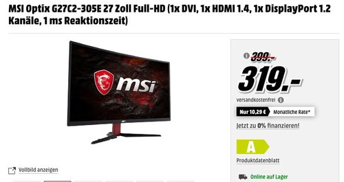 MSI Optix G27C2-305E 27 Zoll Curved Gaming LED Monitor - jetzt 17% billiger