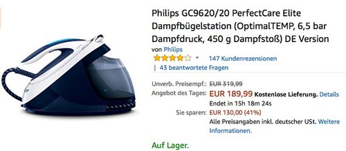 Philips GC9620 20 PerfectCare Elite Dampfbügelstation - jetzt 20% billiger Philips GC9620 20 PerfectCare Elite Dampfbügelstation - jetzt 20% billiger