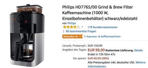 Philips HD7765 Grind & Brew Filter Kaffeemaschine - jetzt 19% billiger Philips HD7765 Grind & Brew Filter Kaffeemaschine - jetzt 19% billiger