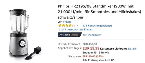 Philips HR2195/08 Standmixer 900W - jetzt 20% billiger Philips HR2195/08 Standmixer 900W - jetzt 20% billiger