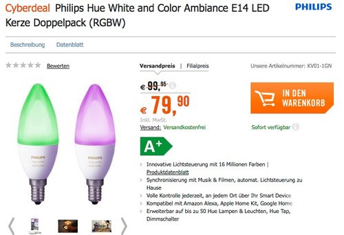 Philips Hue White and Color Ambiance E14 LED Kerze Doppelpack - jetzt 15% billiger Philips Hue White and Color Ambiance E14 LED Kerze Doppelpack - jetzt 15% billiger
