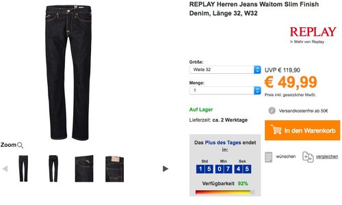 REPLAY Herren Jeans Waitom Slim Finish Denim - jetzt 29% billiger