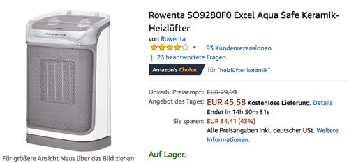 Rowenta SO9280F0 Excel Aqua Safe Keramik-Heizlüfter - jetzt 16% billiger