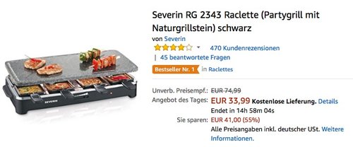 Severin RG 2343 Raclette Partygrill mit Naturgrillstein - jetzt 17% billiger